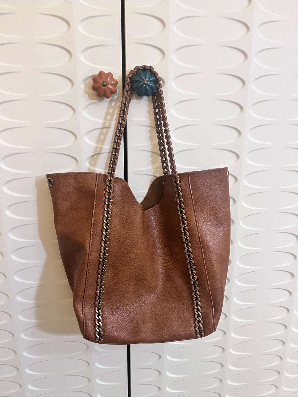 Target Brown Faux LeatherSlouchy Tote Bag Woven Chain Handle Attached Mini Pouch